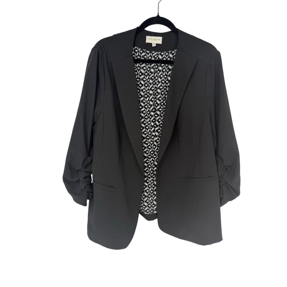 Skies Are Blue Curvy Ruched Sleeve Open Front Blazer Black Stretch Career 2X
